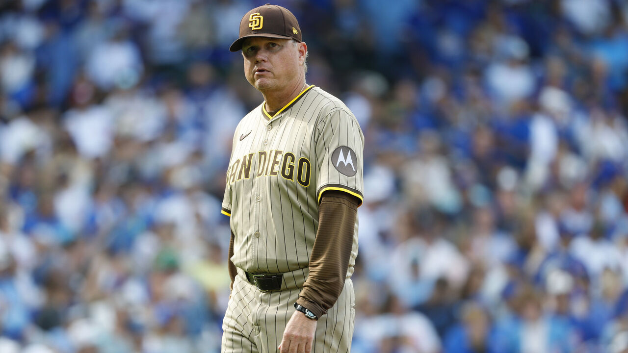 Chicago, Illinois - October 1, 2025: Manager Mike Shildt #8 of the San Diego Padres walks to the dugout against the Chicago Cubs during Game 2 of the NL Wild Card Series at Wrigley Field on October 1, 2025 in Chicago, Illinois.