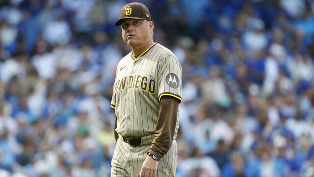 Chicago, Illinois - October 1, 2025: Manager Mike Shildt #8 of the San Diego Padres walks to the dugout against the Chicago Cubs during Game 2 of the NL Wild Card Series at Wrigley Field on October 1, 2025 in Chicago, Illinois.
