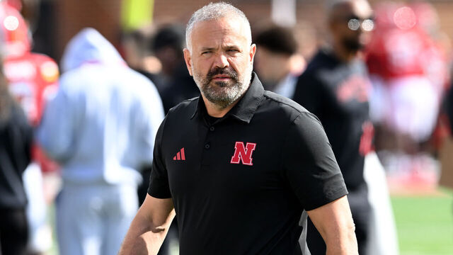 COLLEGE PARK, MARYLAND - OCTOBER 11: Head coach Matt Rhule of the Nebraska Cornhuskers watches the teams warm up before the game against the Maryland Terrapins at SECU Stadium on October 11, 2025 in College Park, Maryland.