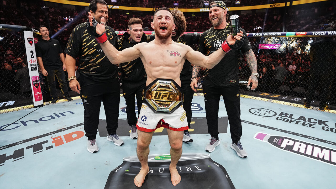 LAS VEGAS, NEVADA - OCTOBER 04: Merab Dvalishvili of Georgia reacts to his win over Cory Sandhagen in the UFC bantamweight championship fight during the UFC 320 event at T-Mobile Arena on October 04, 2025 in Las Vegas, Nevada.