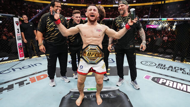 LAS VEGAS, NEVADA - OCTOBER 04: Merab Dvalishvili of Georgia reacts to his win over Cory Sandhagen in the UFC bantamweight championship fight during the UFC 320 event at T-Mobile Arena on October 04, 2025 in Las Vegas, Nevada.