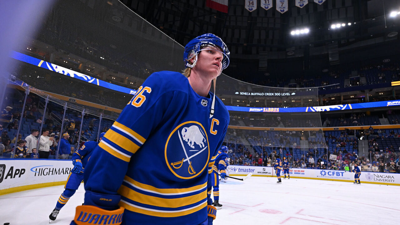 BUFFALO, NEW YORK - OCTOBER 13: Rasmus Dahlin #26 of the Buffalo Sabres warms up prior to an NHL game against the Colorado Avalanche at KeyBank Center on October 13, 2025 in Buffalo, New York.