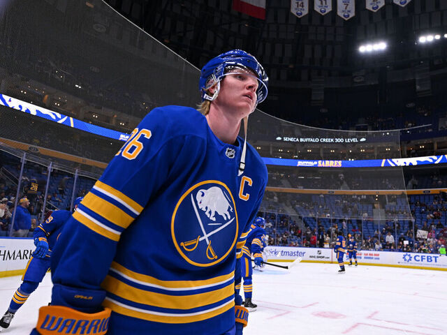BUFFALO, NEW YORK - OCTOBER 13: Rasmus Dahlin #26 of the Buffalo Sabres warms up prior to an NHL game against the Colorado Avalanche at KeyBank Center on October 13, 2025 in Buffalo, New York.