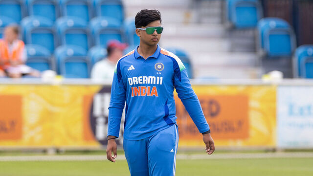 HOVE, ENGLAND - JUNE 25: Vaibhav Suryavanshi of India U19 looks on during the Youth One Day Match between England U19 and India U19 at County Ground in Hove, England on June 25, 2025 in Hove, England.