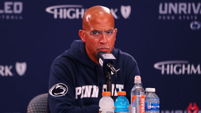 STATE COLLEGE, PENNSYLVANIA - OCTOBER 11: James Franklin of the Penn State Nittany Lions answers questions from the media during a press conference after the game against the Northwestern Wildcats at Beaver Stadium on October 11, 2025 in State College, Pennsylvania.