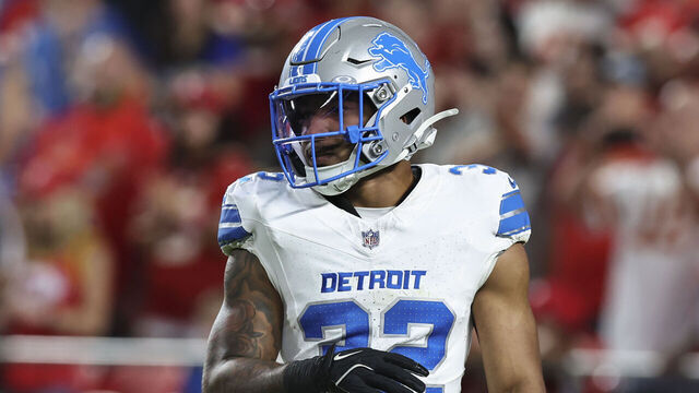 KANSAS CITY, MO - OCTOBER 12: Detroit Lions safety Brian Branch (32) in the fourth quarter of an NFL game between the Detroit Lions and Kansas City Chiefs on October 12, 2025 at GEHA Field at Arrowhead Stadium in Kansas City, MO.