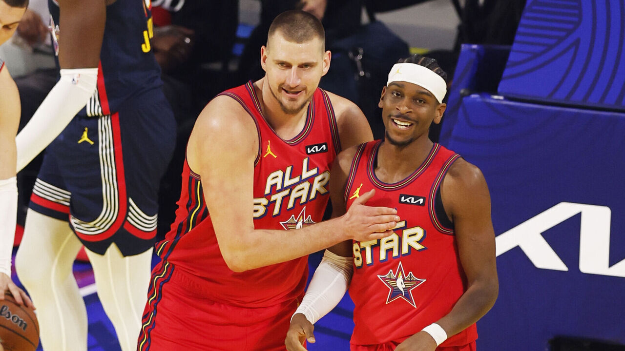 SAN FRANCISCO, CA - FEBRUARY 16: Nikola Joki #15 and Shai Gilgeous-Alexander #2 of Team Chuck smile during the 74th NBA All-Star Game as part of NBA All-Star Weekend on Sunday, February 16, 2025 at Chase Center in San Francisco, California. NOTE TO USER: User expressly acknowledges and agrees that, by downloading and/or using this Photograph, user is consenting to the terms and conditions of the Getty Images License Agreement. Mandatory Copyright Notice: Copyright 2025 NBAE