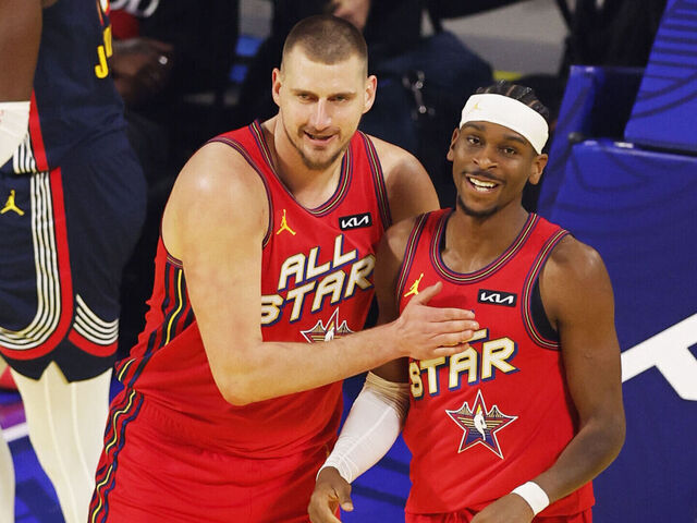 SAN FRANCISCO, CA - FEBRUARY 16: Nikola Joki #15 and Shai Gilgeous-Alexander #2 of Team Chuck smile during the 74th NBA All-Star Game as part of NBA All-Star Weekend on Sunday, February 16, 2025 at Chase Center in San Francisco, California. NOTE TO USER: User expressly acknowledges and agrees that, by downloading and/or using this Photograph, user is consenting to the terms and conditions of the Getty Images License Agreement. Mandatory Copyright Notice: Copyright 2025 NBAE