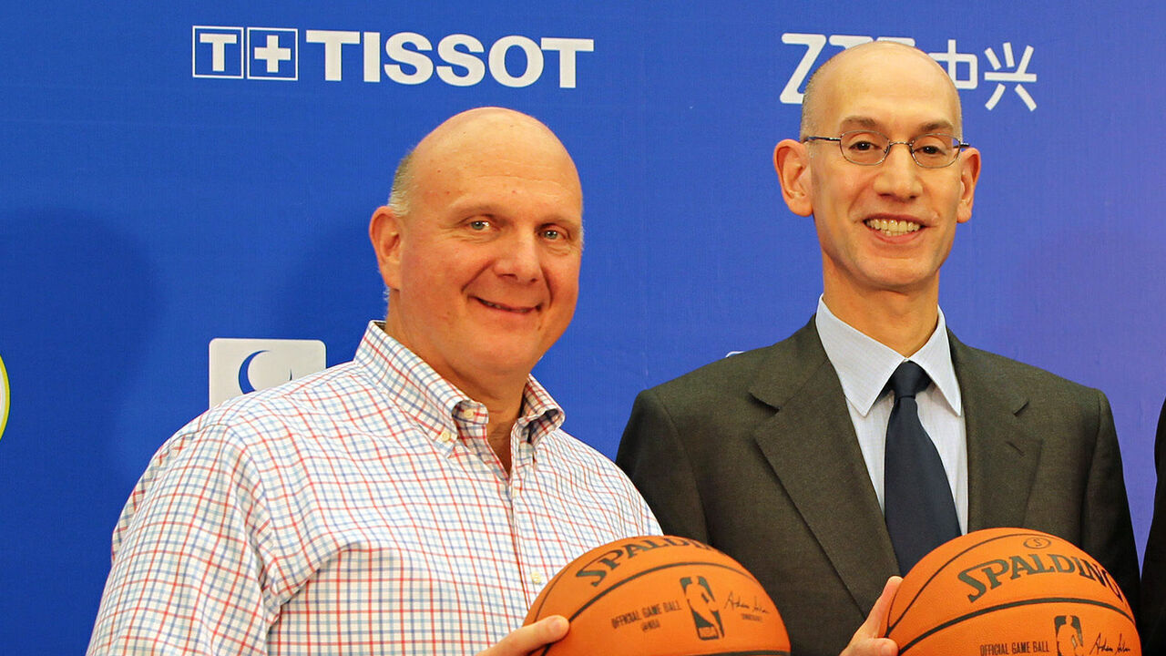 SHENZHEN, CHINA - OCTOBER 11: Steve Ballmer, owner of Los Angeles Clippers, NBA Commissioner Adam Silver and Michael Jordan, Owner of Charlotte Hornets speak to media during the press conference before the match between Charlotte Hornets and Los Angeles Clippers as part of the 2015 Global Games China at Universiade Centre on October 11, 2015 in Shenzhen, China.