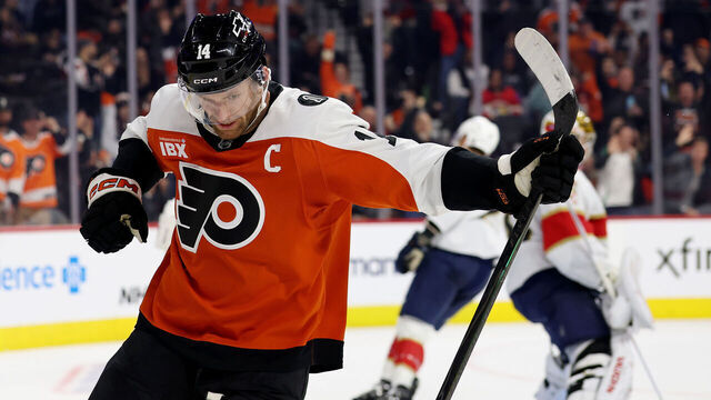PHILADELPHIA, PENNSYLVANIA - OCTOBER 13: Sean Couturier #14 of the Philadelphia Flyers celebrates his goal during the second period against the Florida Panthers at Xfinity Mobile Arena on October 13, 2025 in Philadelphia, Pennsylvania.