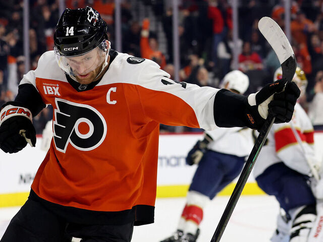 PHILADELPHIA, PENNSYLVANIA - OCTOBER 13: Sean Couturier #14 of the Philadelphia Flyers celebrates his goal during the second period against the Florida Panthers at Xfinity Mobile Arena on October 13, 2025 in Philadelphia, Pennsylvania.