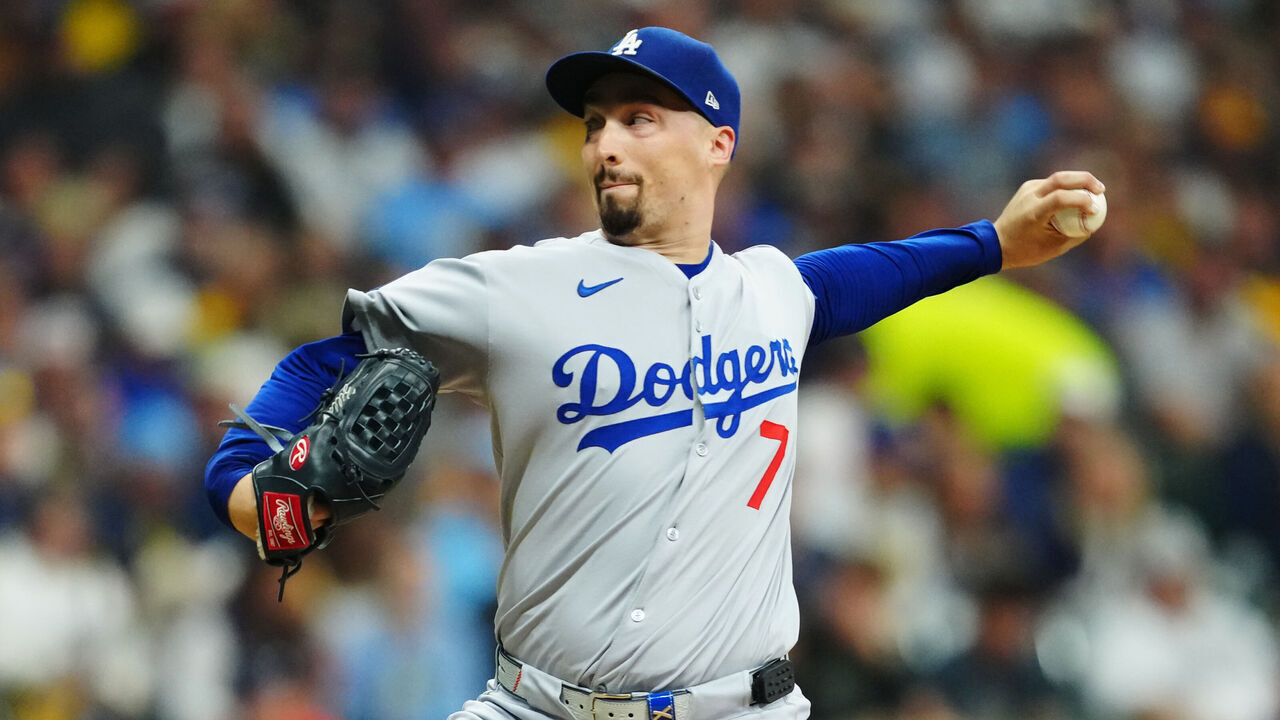 MILWAUKEE, WI - OCTOBER 13: Blake Snell #7 of the Los Angeles Dodgers pitches during Game One of the National League Championship Series presented by loanDepot between the Los Angeles Dodgers and the Milwaukee Brewers at American Family Field on Monday, October 13, 2025 in Milwaukee, Wisconsin.
