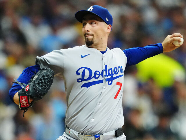 MILWAUKEE, WI - OCTOBER 13: Blake Snell #7 of the Los Angeles Dodgers pitches during Game One of the National League Championship Series presented by loanDepot between the Los Angeles Dodgers and the Milwaukee Brewers at American Family Field on Monday, October 13, 2025 in Milwaukee, Wisconsin.