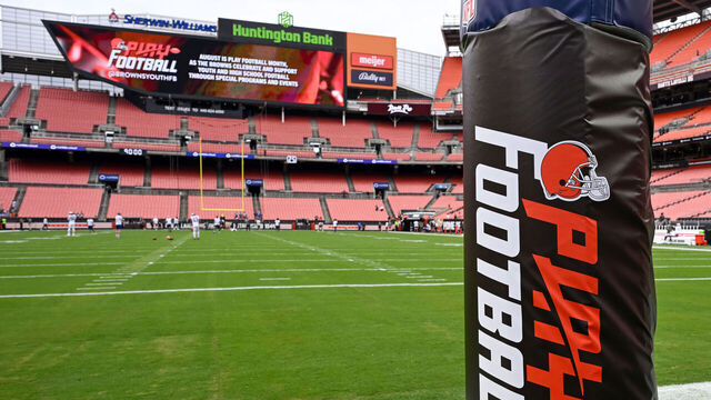 CLEVELAND, OHIO - AUGUST 23: A view of the NFL Play Football logo on an upright pad prior to an NFL Preseason 2025 game between the Los Angeles Rams and the Cleveland Browns at Huntington Bank Field on August 23, 2025 in Cleveland, Ohio.