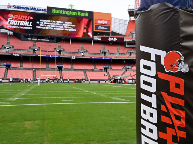 CLEVELAND, OHIO - AUGUST 23: A view of the NFL Play Football logo on an upright pad prior to an NFL Preseason 2025 game between the Los Angeles Rams and the Cleveland Browns at Huntington Bank Field on August 23, 2025 in Cleveland, Ohio.