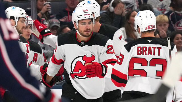 COLUMBUS, OHIO - OCTOBER 13: Timo Meier #28 of the New Jersey Devils celebrates a goal during the first period against the Columbus Blue Jackets at Nationwide Arena on October 13, 2025 in Columbus, Ohio.