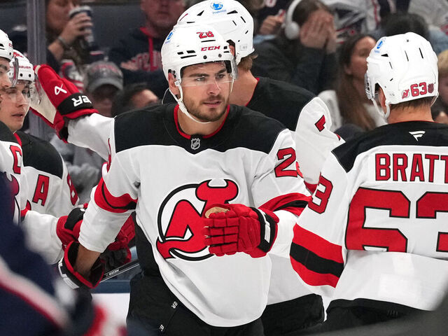 COLUMBUS, OHIO - OCTOBER 13: Timo Meier #28 of the New Jersey Devils celebrates a goal during the first period against the Columbus Blue Jackets at Nationwide Arena on October 13, 2025 in Columbus, Ohio.