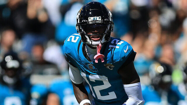JACKSONVILLE, FLORIDA - OCTOBER 12: Travis Hunter #12 of the Jacksonville Jaguars lines up on defense during the first half against the Seattle Seahawks in the game at EverBank Stadium on October 12, 2025 in Jacksonville, Florida.