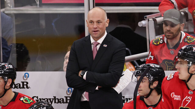 CHICAGO, ILLINOIS - OCTOBER 11: Chicago Blackhawks coach Jeff Blashill looks on during the third period against the Montréal Canadiens at the United Center on October 11, 2025 in Chicago, Illinois.