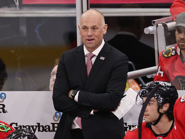CHICAGO, ILLINOIS - OCTOBER 11: Chicago Blackhawks coach Jeff Blashill looks on during the third period against the Montréal Canadiens at the United Center on October 11, 2025 in Chicago, Illinois.