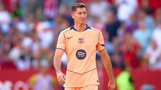 SEVILLE, SPAIN - OCTOBER 05: Robert Lewandowski of FC Barcelona looks on during the LaLiga EA Sports match between Sevilla FC and FC Barcelona at Estadio Ramon Sanchez Pizjuan on October 05, 2025 in Seville, Spain.