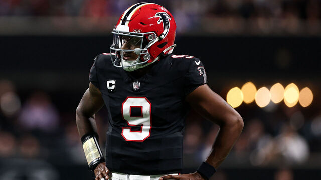 ATLANTA, GEORGIA - OCTOBER 13: Michael Penix Jr. #9 of the Atlanta Falcons reacts during the fourth quarter against the Buffalo Bills at Mercedes-Benz Stadium on October 13, 2025 in Atlanta, Georgia.