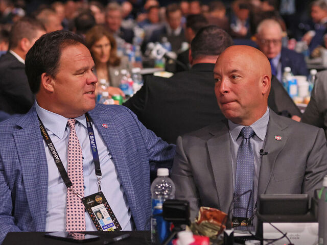 NASHVILLE, TENNESSEE - JUNE 29: (L-R) Jeff Gorton and Kent Hughes of the Montreal Canadiens works the 2023 Upper Deck NHL Draft at Bridgestone Arena on June 29, 2023 in Nashville, Tennessee.