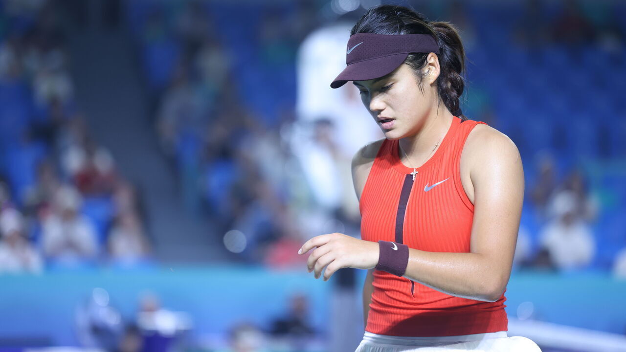 NINGBO, CHINA - OCTOBER 14: Emma Raducanu of Great Britain reacts in the Women's Singles Round of 32 match against Zhu Lin of China on day 2 of 2025 Ningbo Open at the Ningbo (Yinzhou) Tennis Center on October 14, 2025 in Ningbo, Zhejiang Province of China.