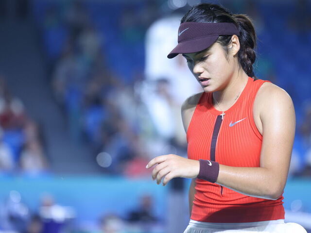 NINGBO, CHINA - OCTOBER 14: Emma Raducanu of Great Britain reacts in the Women's Singles Round of 32 match against Zhu Lin of China on day 2 of 2025 Ningbo Open at the Ningbo (Yinzhou) Tennis Center on October 14, 2025 in Ningbo, Zhejiang Province of China.