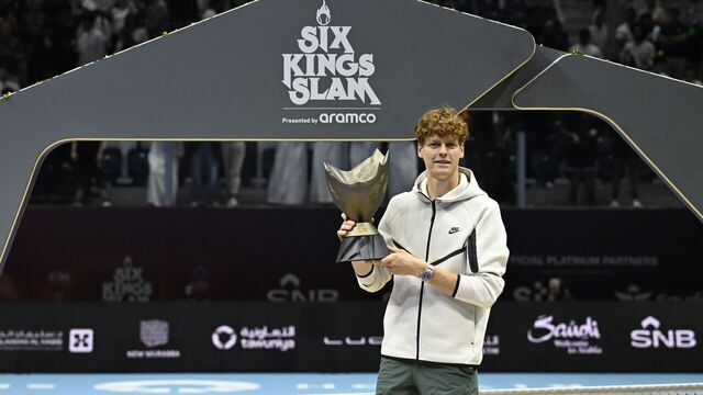 RIYADH, SAUDI ARABIA - OCTOBER 19: Jannik Sinner of Italy celebrates with trophy after defeating Carlos Alcaraz of Spain to become the champion in the final match of the 2024 Six Kings Slam Tournament in Riyadh, Saudi Arabia on October 19, 2024.