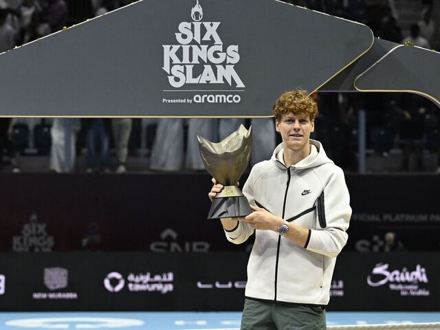 RIYADH, SAUDI ARABIA - OCTOBER 19: Jannik Sinner of Italy celebrates with trophy after defeating Carlos Alcaraz of Spain to become the champion in the final match of the 2024 Six Kings Slam Tournament in Riyadh, Saudi Arabia on October 19, 2024.