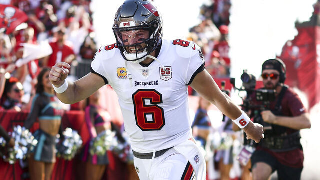 TAMPA, FLORIDA - OCTOBER 12: Baker Mayfield #6 of the Tampa Bay Buccaneers runs onto the field prior to an NFL football game against the San Francisco 49ers at Raymond James Stadium on October 12, 2025 in Tampa, Florida.
