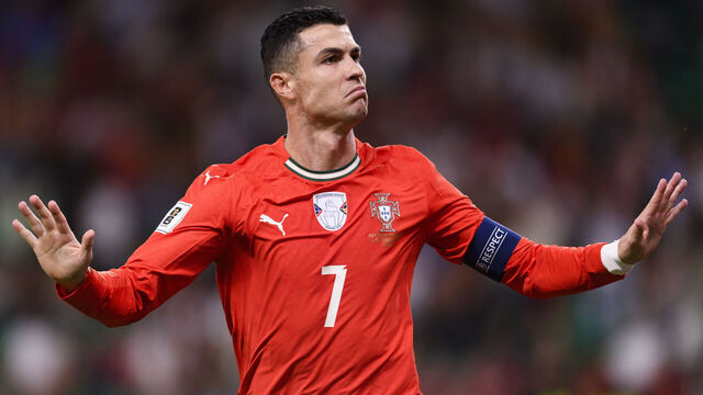 LISBON, PORTUGAL - OCTOBER 14: Cristiano Ronaldo of Portugal celebrates his goal during the FIFA World Cup 2026 qualifier match between Portugal and Hungary at Estádio José Alvalade on October 14, 2025 in Lisbon, Portugal.