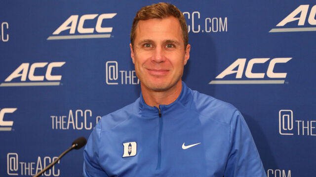 CHARLOTTE, NORTH CAROLINA - OCTOBER 8: Duke head coach Jon Scheyer speaks to the media during ACC Basketball Media Day Tip Off event at Hilton Charlotte Uptown on October 8, 2025 in Charlotte, North Carolina.