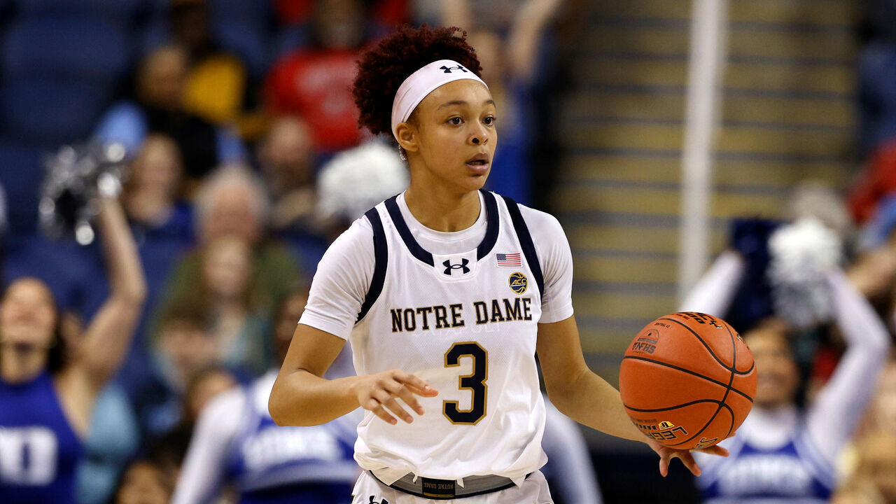 GREENSBORO, NORTH CAROLINA - MARCH 8: Hannah Hidalgo #3 of the Notre Dame Fighting Irish dribbles up court against the Duke Blue Devils during the second half in a semifinal game of the ACC women's basketball tournament at First Horizon Coliseum on March 8, 2025 in Greensboro, North Carolina.