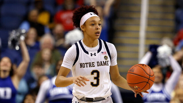 GREENSBORO, NORTH CAROLINA - MARCH 8: Hannah Hidalgo #3 of the Notre Dame Fighting Irish dribbles up court against the Duke Blue Devils during the second half in a semifinal game of the ACC women's basketball tournament at First Horizon Coliseum on March 8, 2025 in Greensboro, North Carolina.