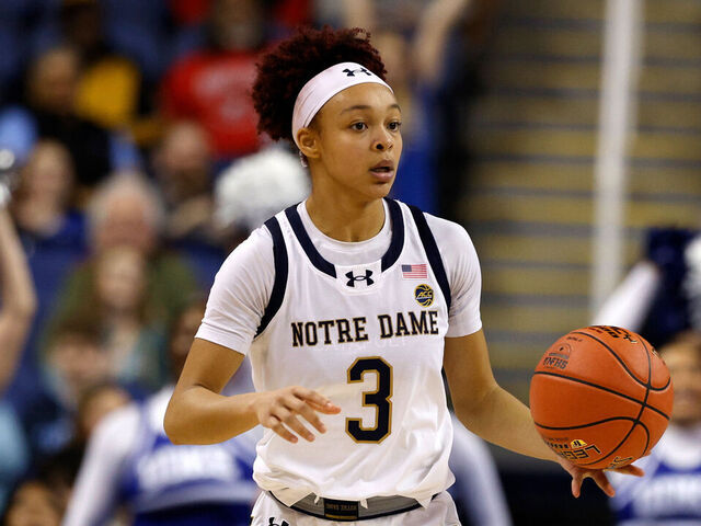 GREENSBORO, NORTH CAROLINA - MARCH 8: Hannah Hidalgo #3 of the Notre Dame Fighting Irish dribbles up court against the Duke Blue Devils during the second half in a semifinal game of the ACC women's basketball tournament at First Horizon Coliseum on March 8, 2025 in Greensboro, North Carolina.