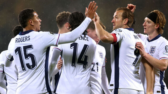 RIGA, LATVIA - OCTOBER 14: Players of England celebrate their team's fourth goal, an own goal scored by Maksims Tonisevs of Latvia (not pictured) during the FIFA World Cup 2026 qualifier match between Latvia and England at Daugava Stadium on October 14, 2025 in Riga, Latvia.