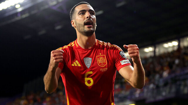 VALLADOLID, SPAIN - OCTOBER 14: Mikel Merino of Spain celebrates scoring his team's second goal during the FIFA World Cup 2026 qualifier match between Spain and Bulgaria at Jose Zorrilla on October 14, 2025 in Valladolid, Spain.