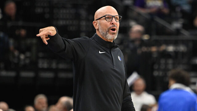 SALT LAKE CITY, UTAH - OCTOBER 13: Dallas Mavericks head coach Jason Kidd looks on during the first half of a preseason game against the Utah Jazz on October 13, 2025 at Delta Center in Salt Lake City, Utah.