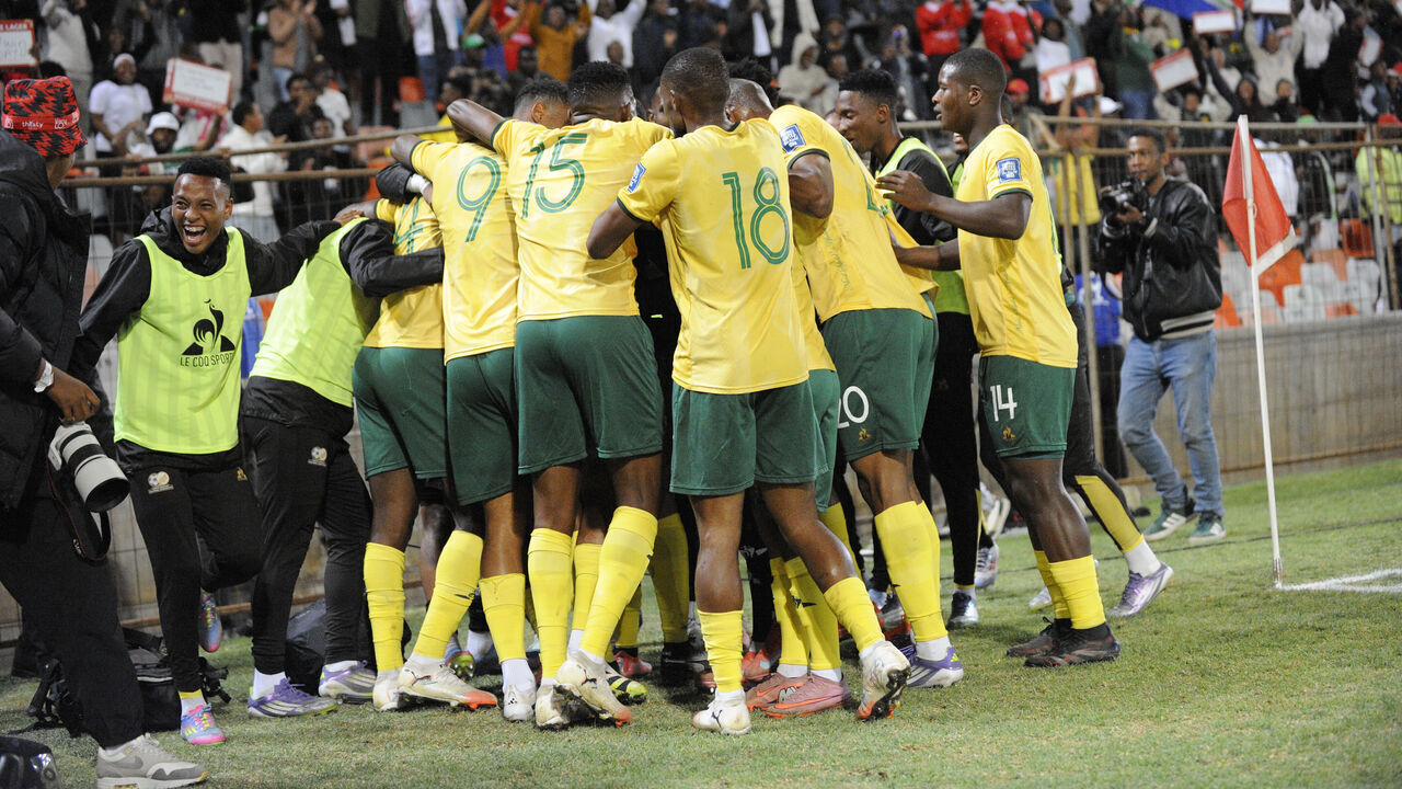 BLOEMFONTEIN, SOUTH AFRICA - SEPTEMBER 09: South Africa players celebrate during the 2026 FIFA World Cup qualifier match between South Africa and Nigeria at Toyota Stadium on September 09, 2025 in Bloemfontein, South Africa.