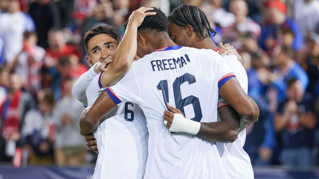 COMMERCE CITY, COLORADO - OCTOBER 14: Haji Wright #19 of the United States celebrates scoring with teammates during the second half against Australia during an international friendly at Dick's Sporting Goods Park on October 14, 2025 in Commerce City, Colorado.
