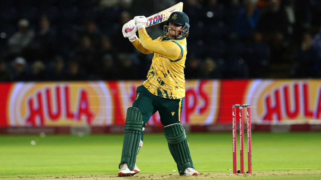CARDIFF, WALES - SEPTEMBER 10: Lhuan-dre Pretorius of South Africa bats during the 1st Vitality IT20 match between England and South Africa at Sophia Gardens on September 10, 2025 in Cardiff, Wales.