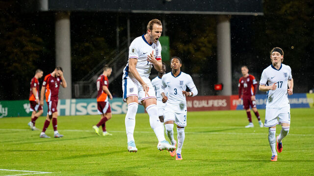 RIGA, LATVIA - OCTOBER 14: Harry Kane of England celebrates after scoring a goal for 0:3 during the FIFA World Cup 2026 qualifier match between Latvia and England at Daugava Stadium on October 14, 2025 in Riga, Latvia.