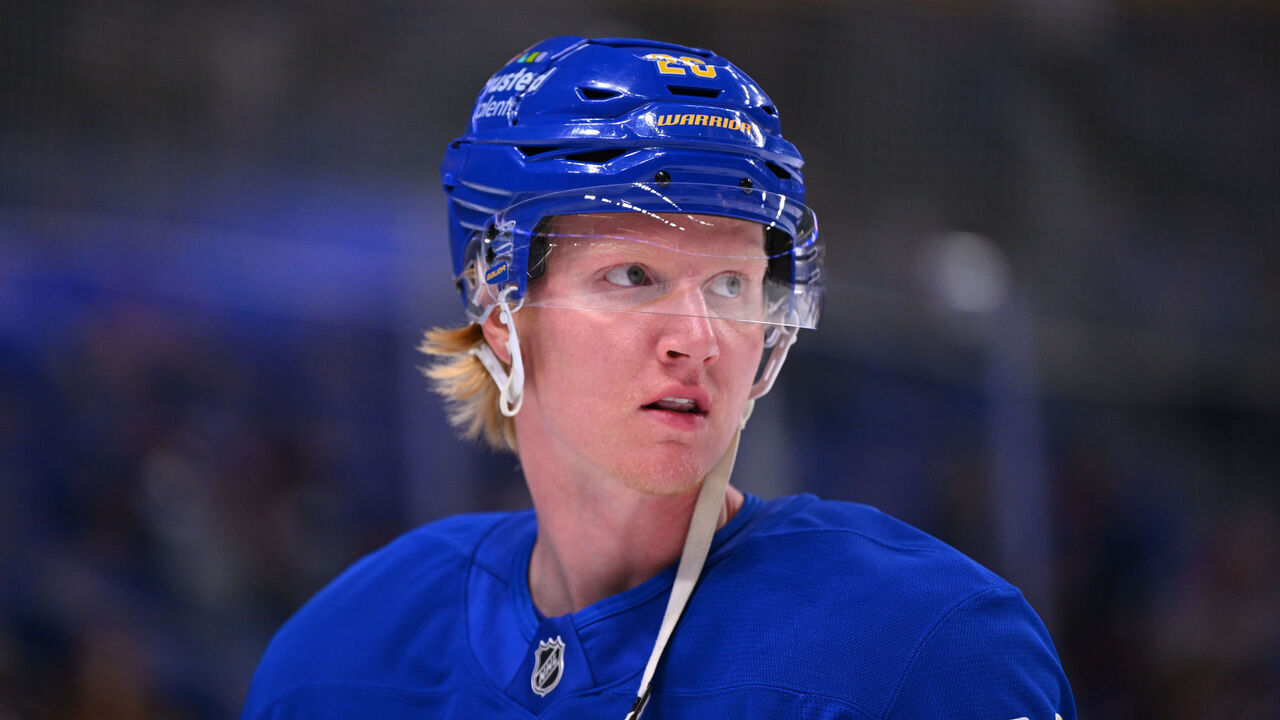 BUFFALO, NEW YORK - OCTOBER 09: Rasmus Dahlin #26 of the Buffalo Sabres warms up prior to an NHL against the New York Rangers at KeyBank Center on October 9, 2025 in Buffalo, New York.