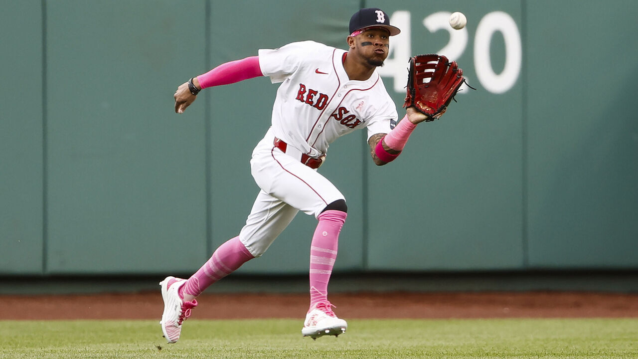 BOSTON, MA - MAY 12: Ceddanne Rafaela #43 of the Boston Red Sox makes a running catch against the Washington Nationals during the first inning at Fenway Park on May 12, 2024 in Boston, Massachusetts.