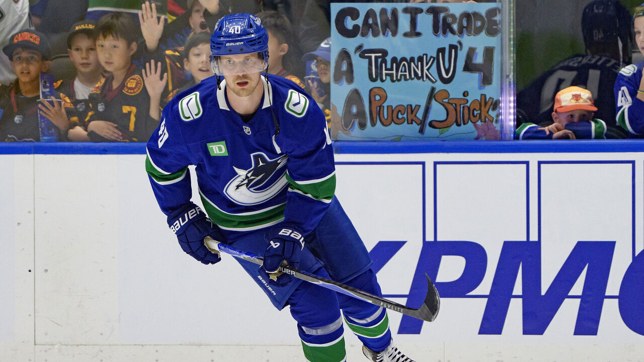 VANCOUVER, CANADA - OCTOBER 13: Elias Pettersson #40 of the Vancouver Canucks skates up the ice during warmup before their NHL game against the St. Louis Blues at Rogers Arena on October 13, 2025 in Vancouver, British Columbia, Canada.
