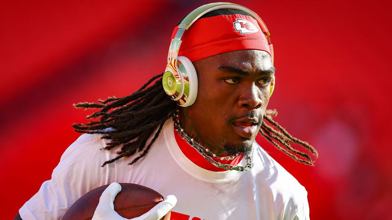 KANSAS CITY, MISSOURI - AUGUST 22: Rashee Rice #4 of the Kansas City Chiefs runs with the football in pregame warmups prior to the NFL Preseason 2025 game between Chicago Bears and Kansas City Chiefs at Arrowhead Stadium on August 22, 2025 in Kansas City, Missouri.