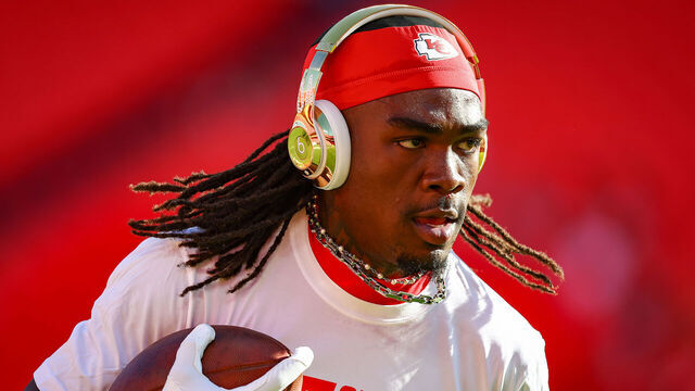 KANSAS CITY, MISSOURI - AUGUST 22: Rashee Rice #4 of the Kansas City Chiefs runs with the football in pregame warmups prior to the NFL Preseason 2025 game between Chicago Bears and Kansas City Chiefs at Arrowhead Stadium on August 22, 2025 in Kansas City, Missouri.