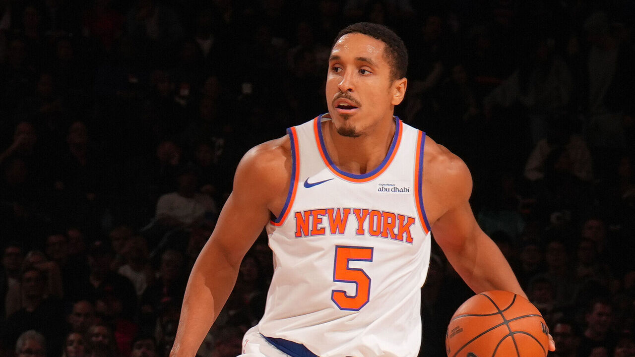 NEW YORK, NY - OCTOBER 13: Malcom Brogdon #5 of the New York Knicks dribbles the ball during the game against the Washington Wizards during an NBA Preseason game on October 13, 2025 at Madison Square Garden in New York City, New York. Mandatory Copyright Notice: Copyright 2025 NBAE